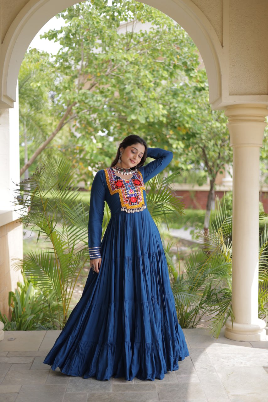 Rama Green Kutchi Gamthi Mirror Work Rayon Gown