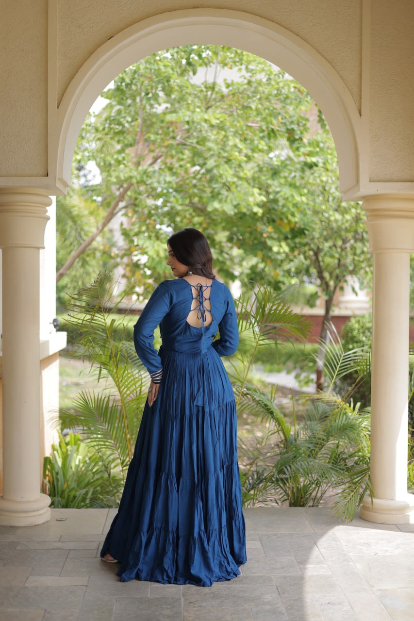 Rama Green Kutchi Gamthi Mirror Work Rayon Gown