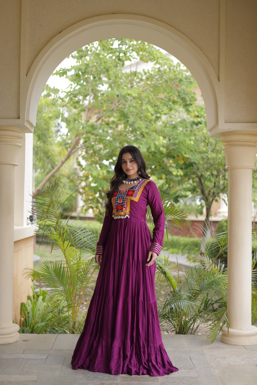 Wine Kutchi Gamthi Embroidered 12 Meter Flair Reyon Gown
