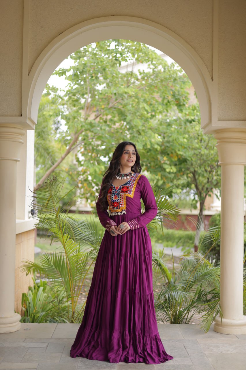 Wine Kutchi Gamthi Embroidered 12 Meter Flair Reyon Gown