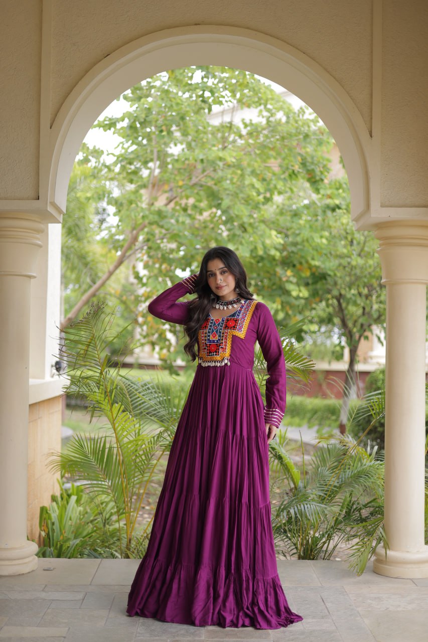 Wine Kutchi Gamthi Embroidered 12 Meter Flair Reyon Gown