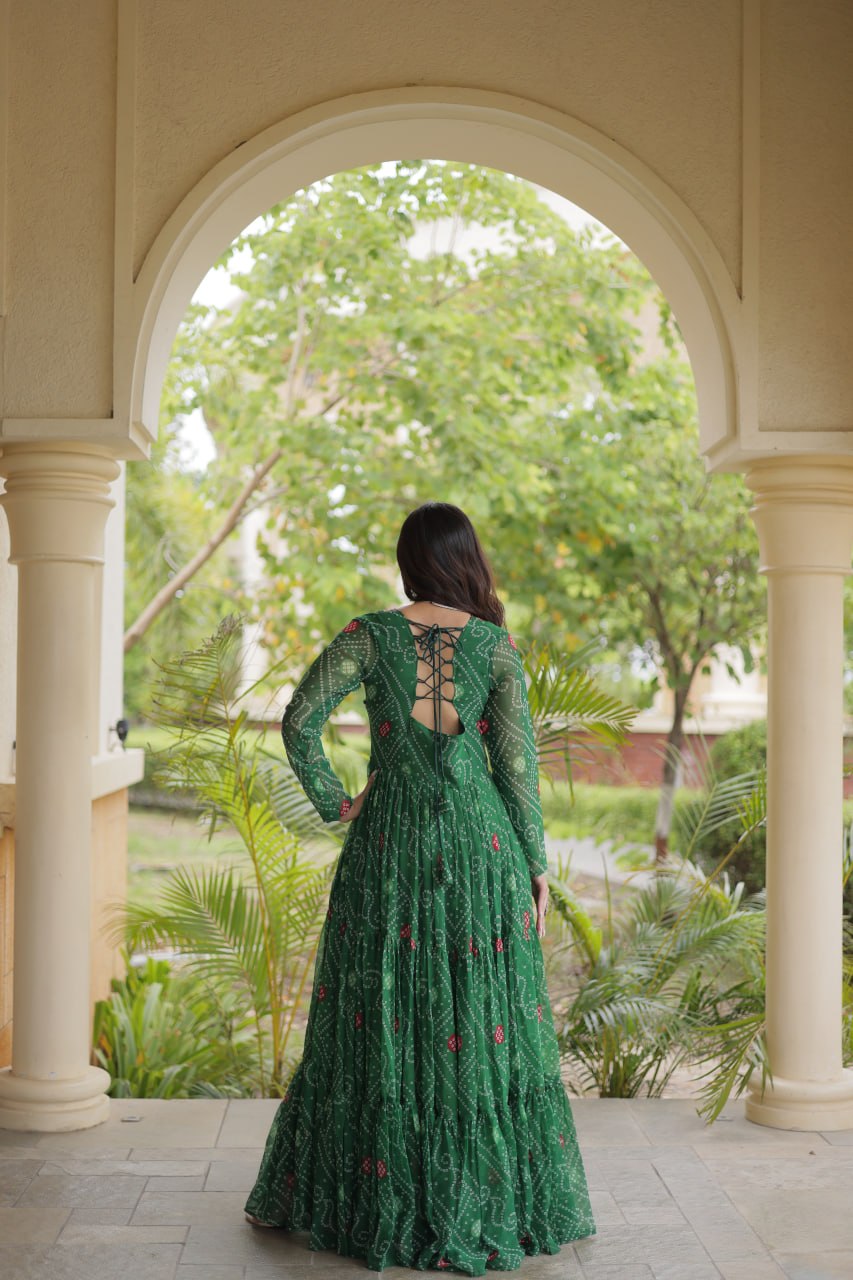 Bottle Green Bandhani Printed Kutchi Patchwork 12 Meter Flair Gown
