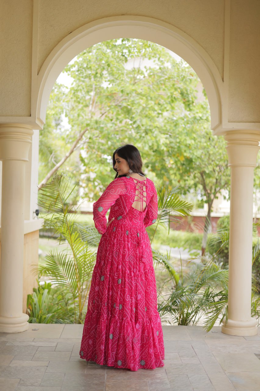 Rani Pink Bandhani Faux Georgette Kutchi Embroidered Gown