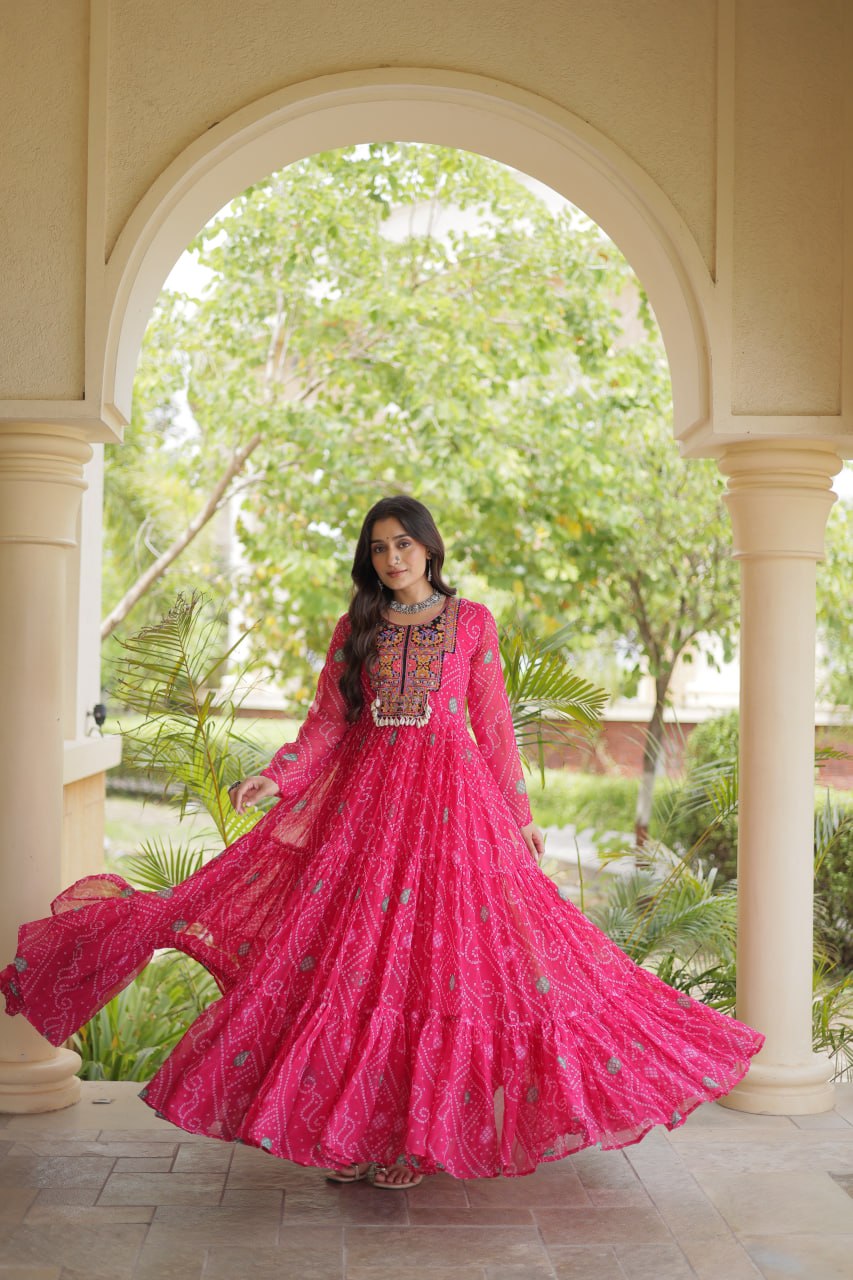 Rani Pink Bandhani Faux Georgette Kutchi Embroidered Gown