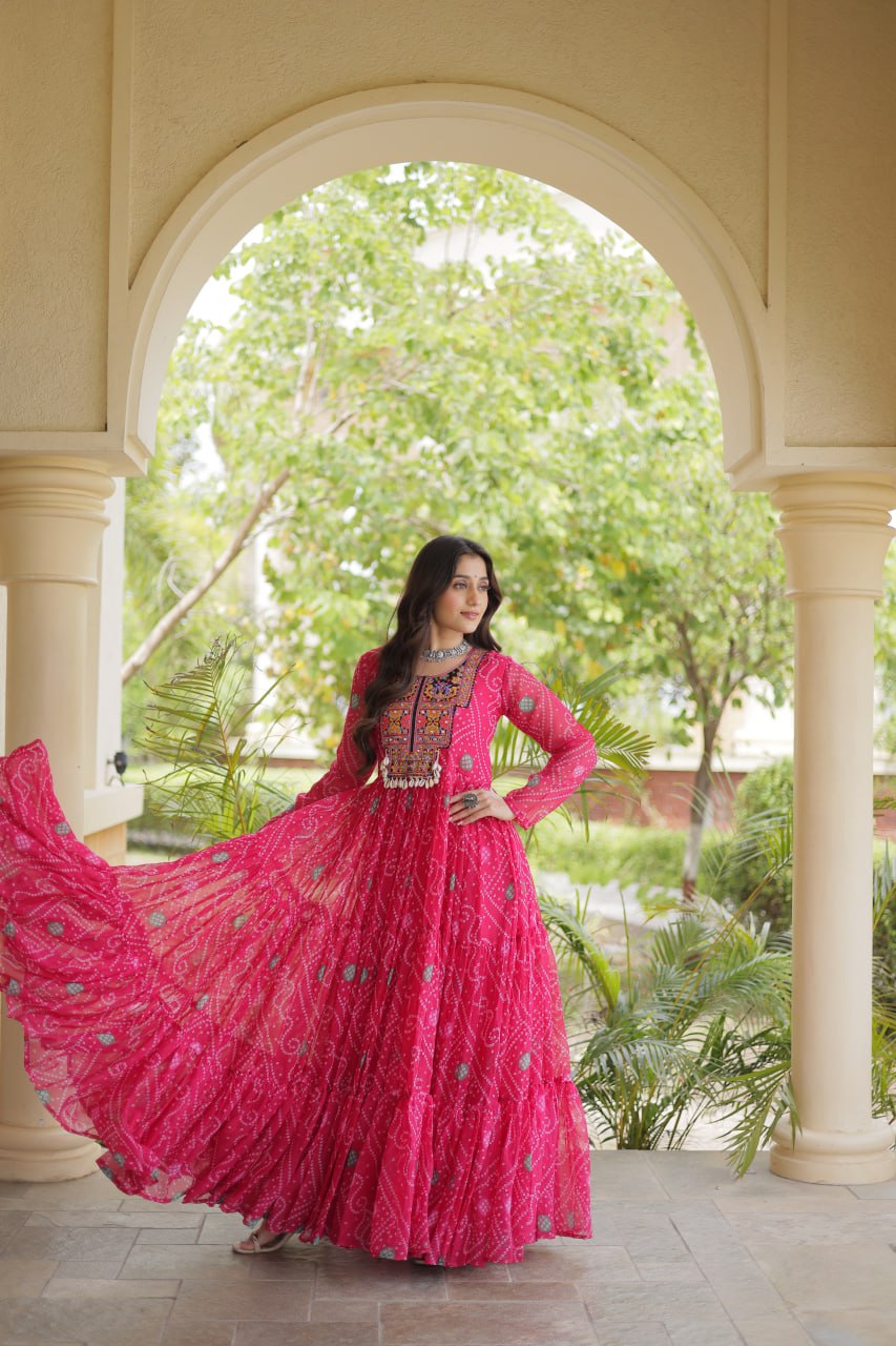 Rani Pink Bandhani Faux Georgette Kutchi Embroidered Gown