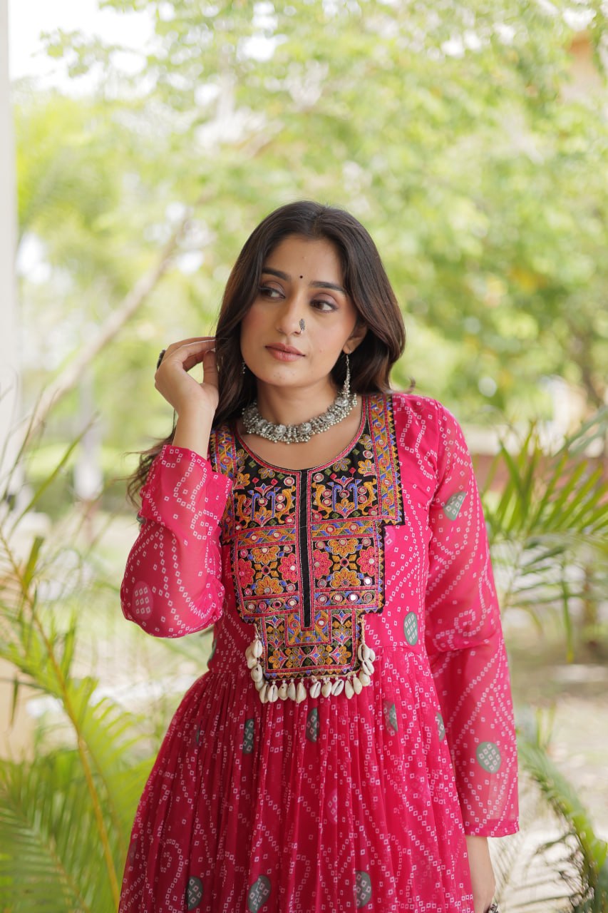 Rani Pink Bandhani Faux Georgette Kutchi Embroidered Gown