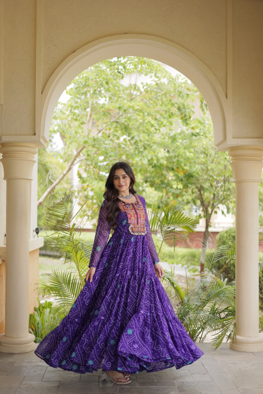 Purple Bandhani Faux Georgette Kutchi Embroidered Gown