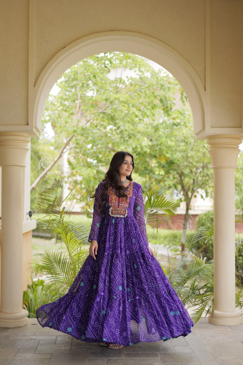 Purple Bandhani Faux Georgette Kutchi Embroidered Gown