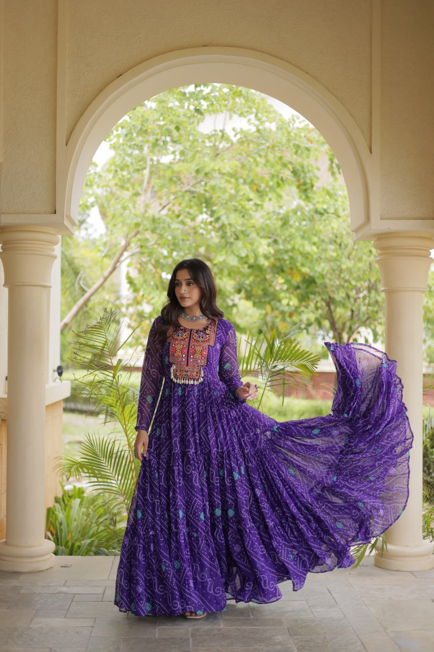 Purple Bandhani Faux Georgette Kutchi Embroidered Gown