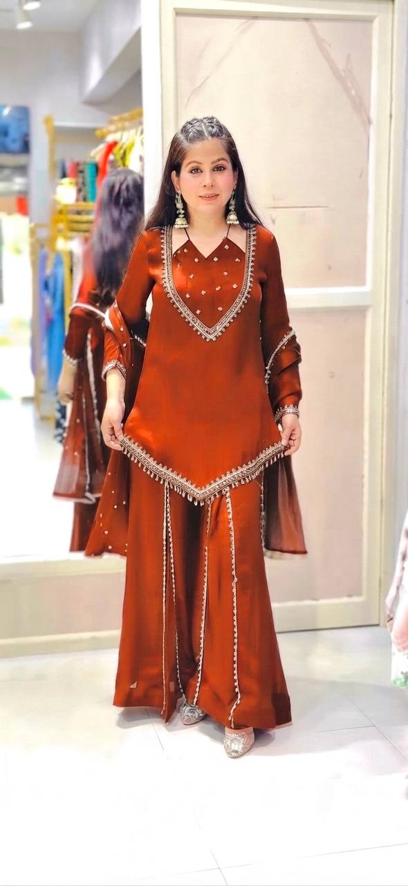 Rust Orange Roman Glass Mirror Work Plazzo Suit Set with Chanderi Silk Dupatta
