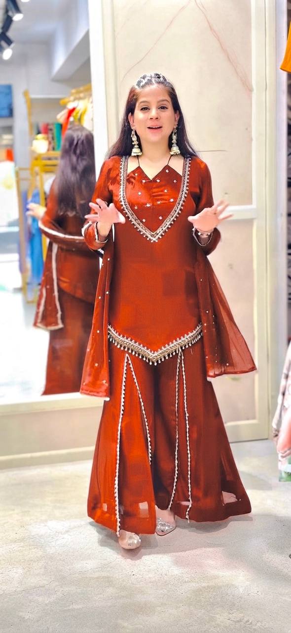 Rust Orange Roman Glass Mirror Work Plazzo Suit Set with Chanderi Silk Dupatta