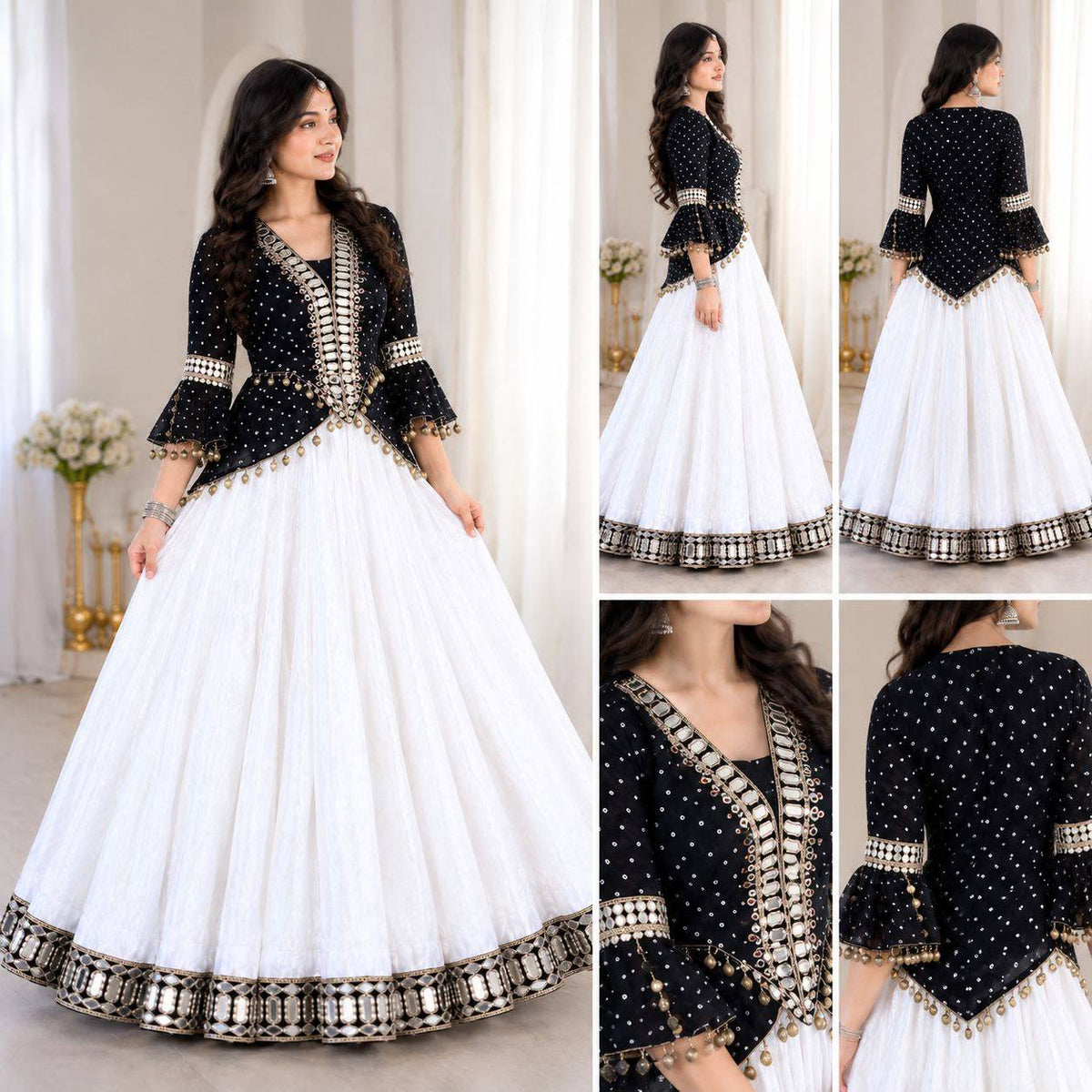 Black & White Mirror Work Georgette Lehenga Set with Designer Kurti
