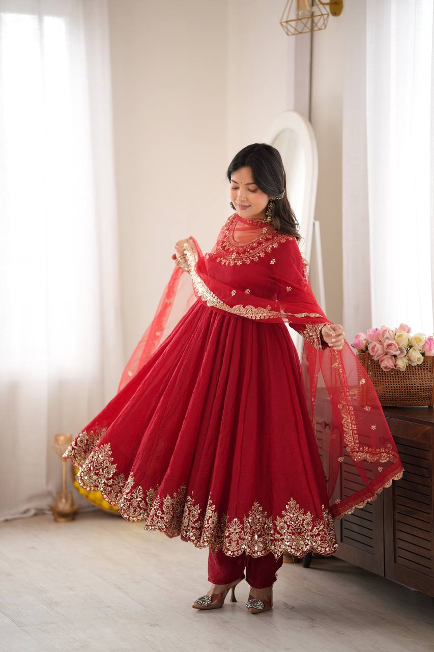 Royal Red Embroidered Anarkali Suit Set with Net Dupatta