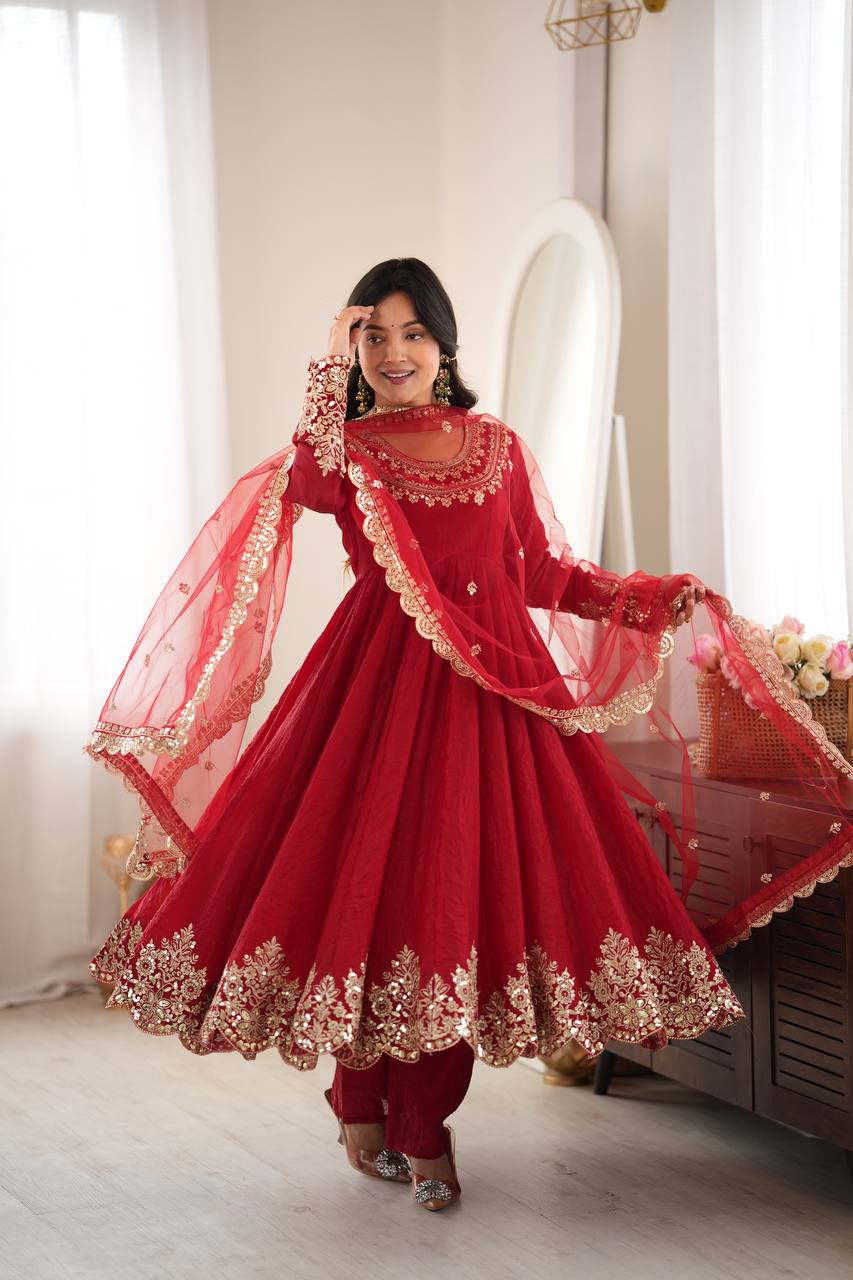 Royal Red Embroidered Anarkali Suit Set with Net Dupatta