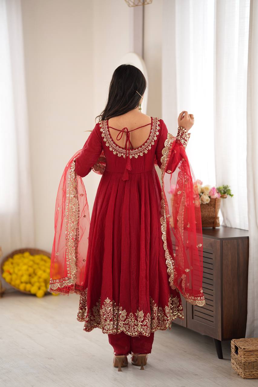 Royal Red Embroidered Anarkali Suit Set with Net Dupatta