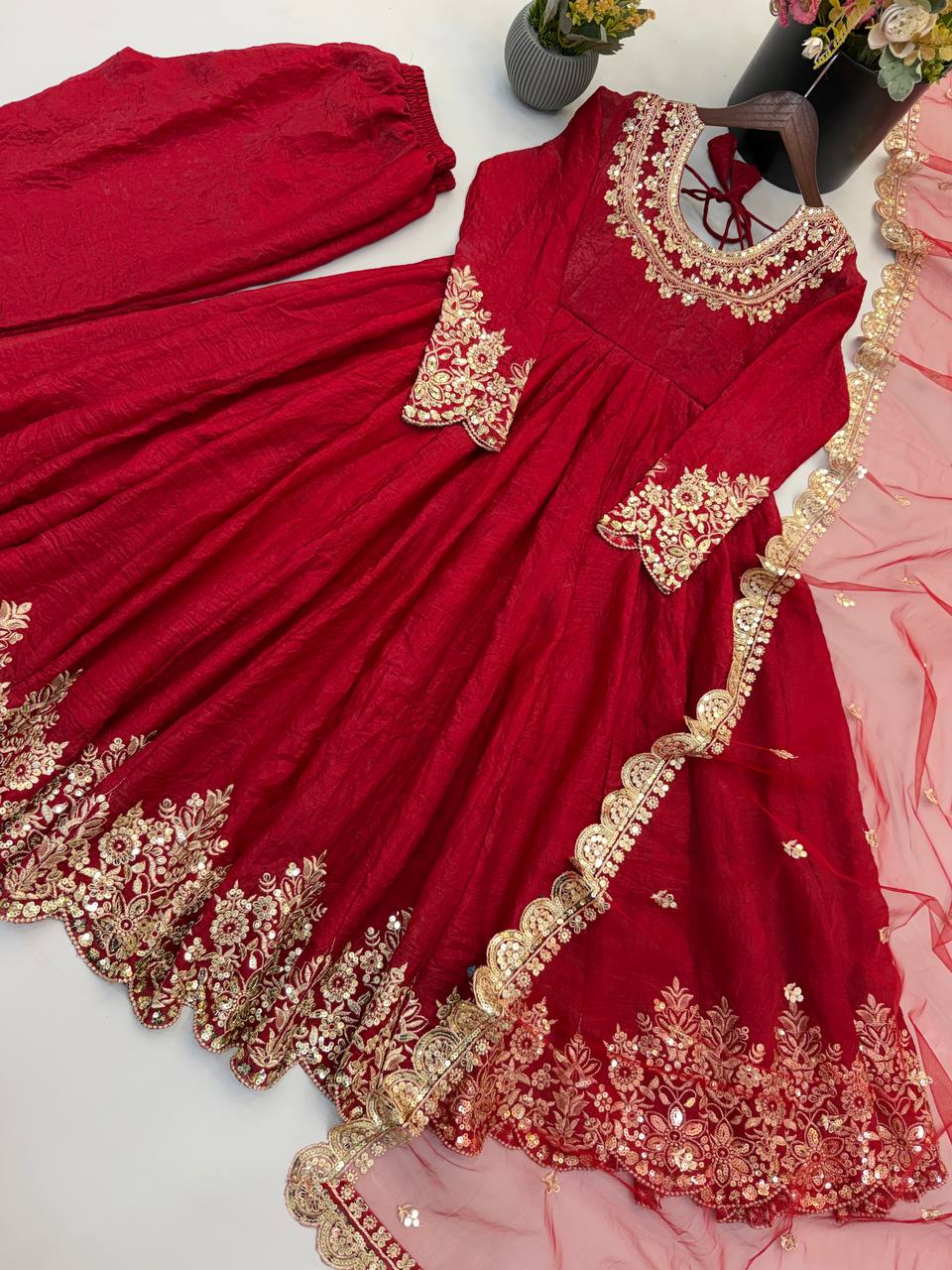 Royal Red Embroidered Anarkali Suit Set with Net Dupatta