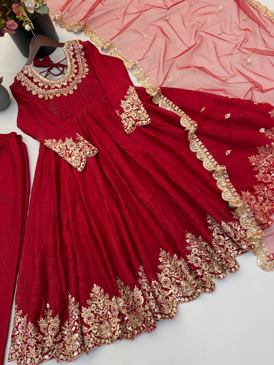 Royal Red Embroidered Anarkali Suit Set with Net Dupatta