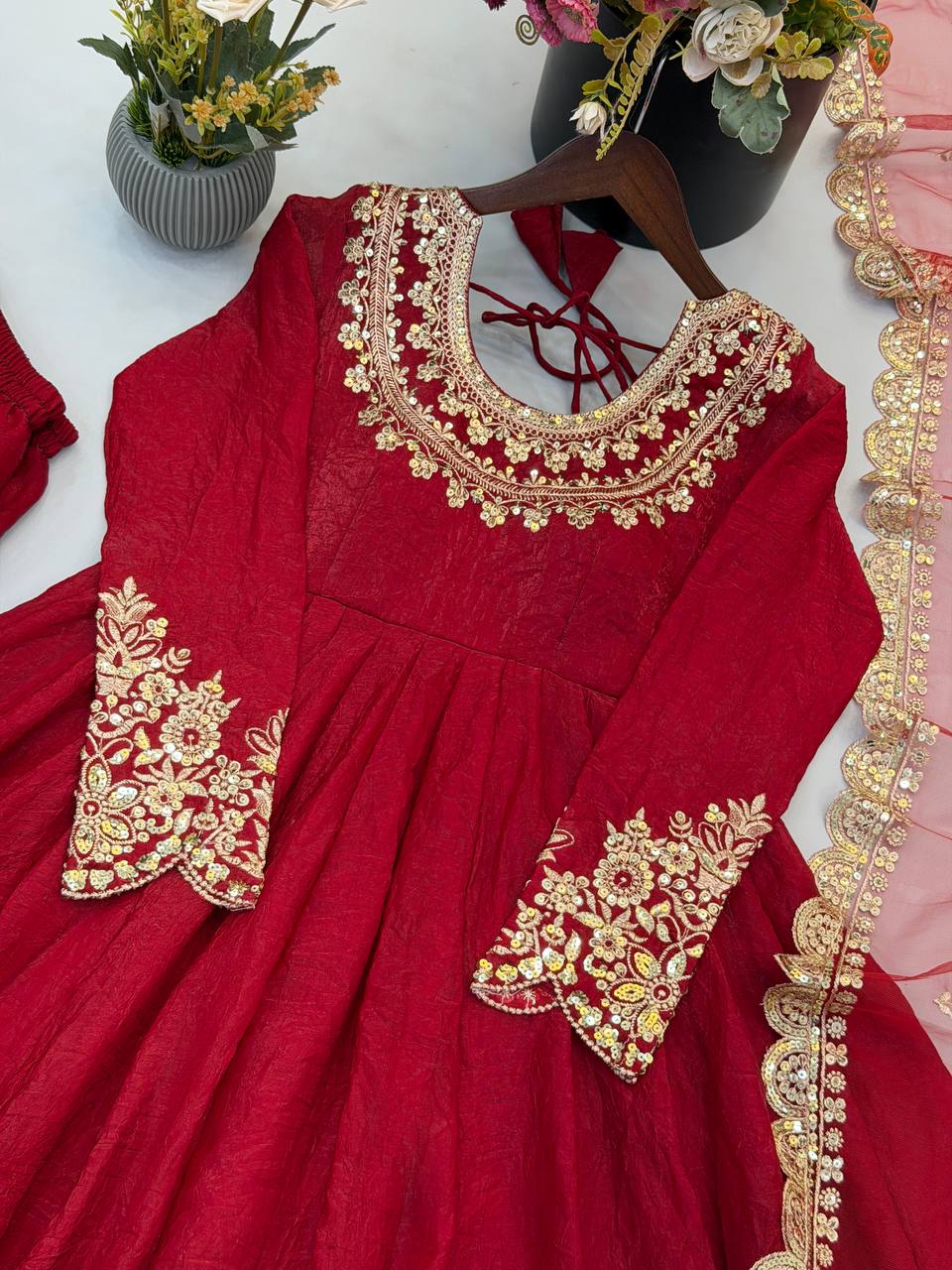 Royal Red Embroidered Anarkali Suit Set with Net Dupatta