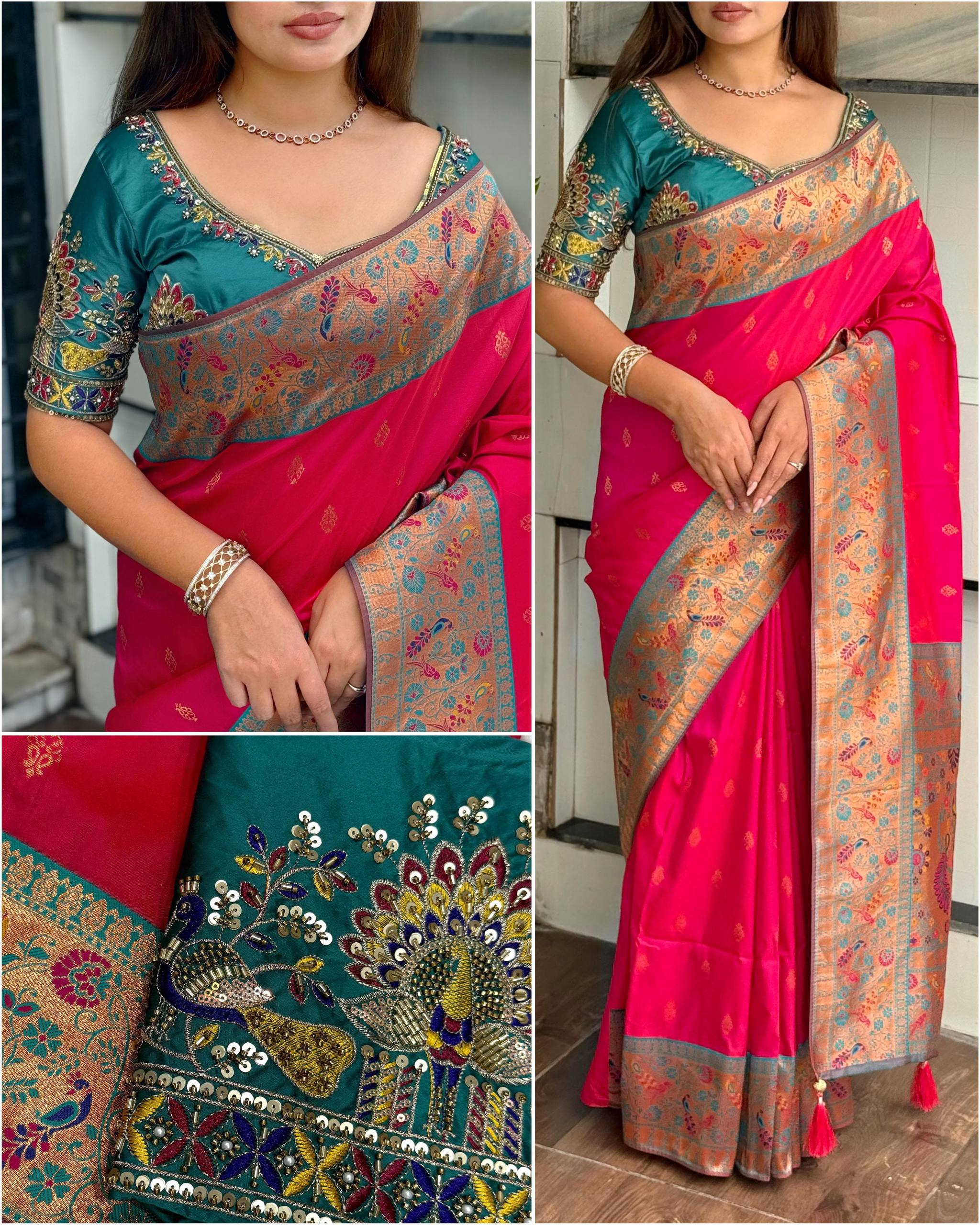 Rani Pink Banarasi Silk Saree with Peacock Handwork Blouse & Contrast Designer Blouse