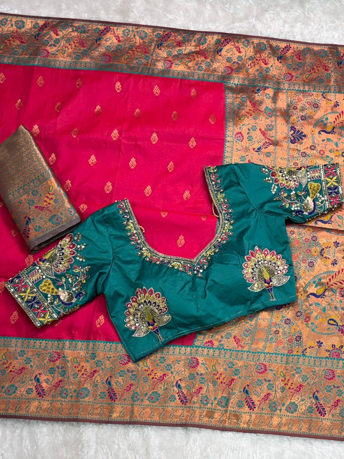 Rani Pink Banarasi Silk Saree with Peacock Handwork Blouse & Contrast Designer Blouse