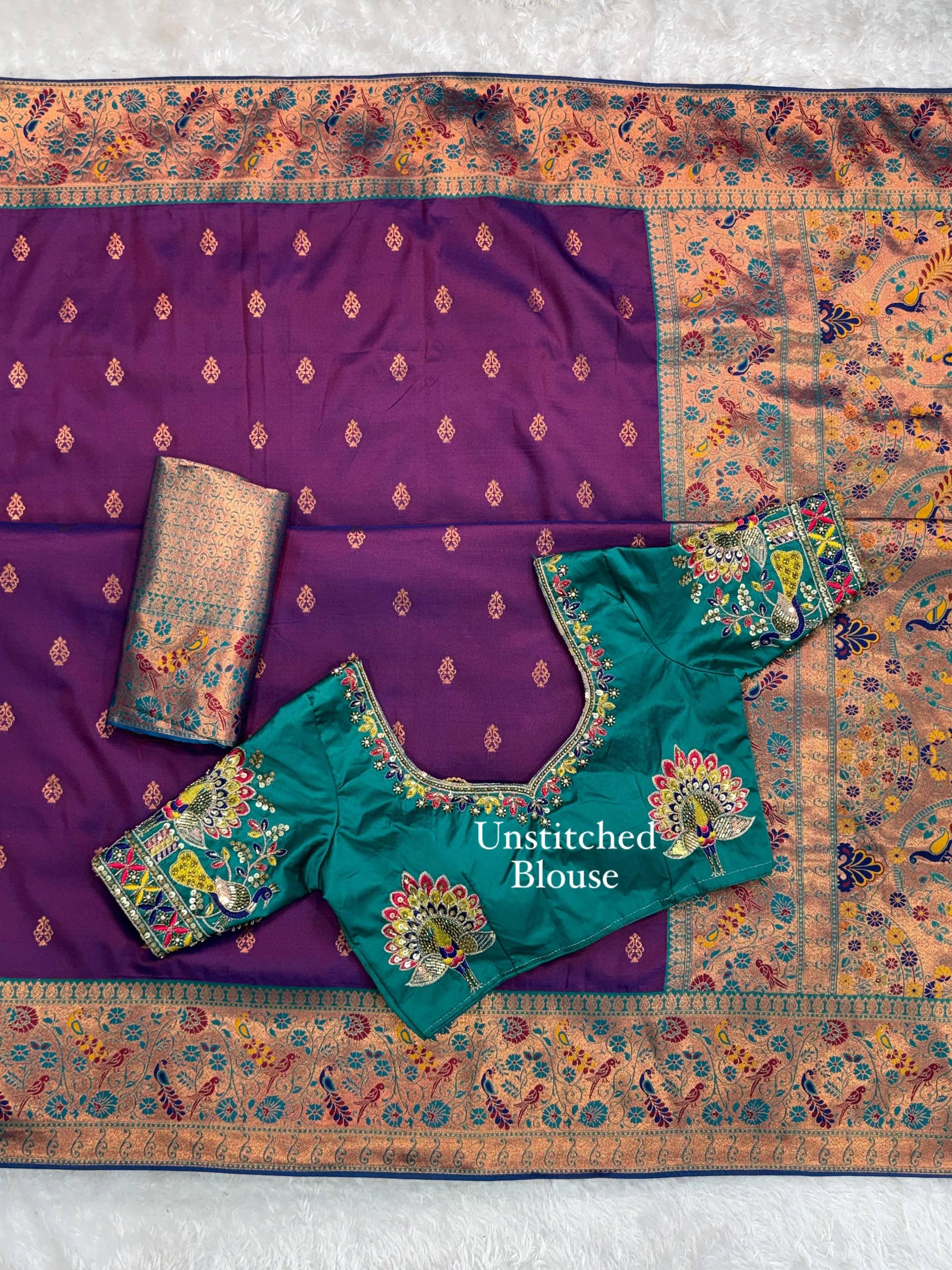 Royal Purple Banarasi Silk Saree with Peacock Handwork Blouse & Contrast Designer Blouse