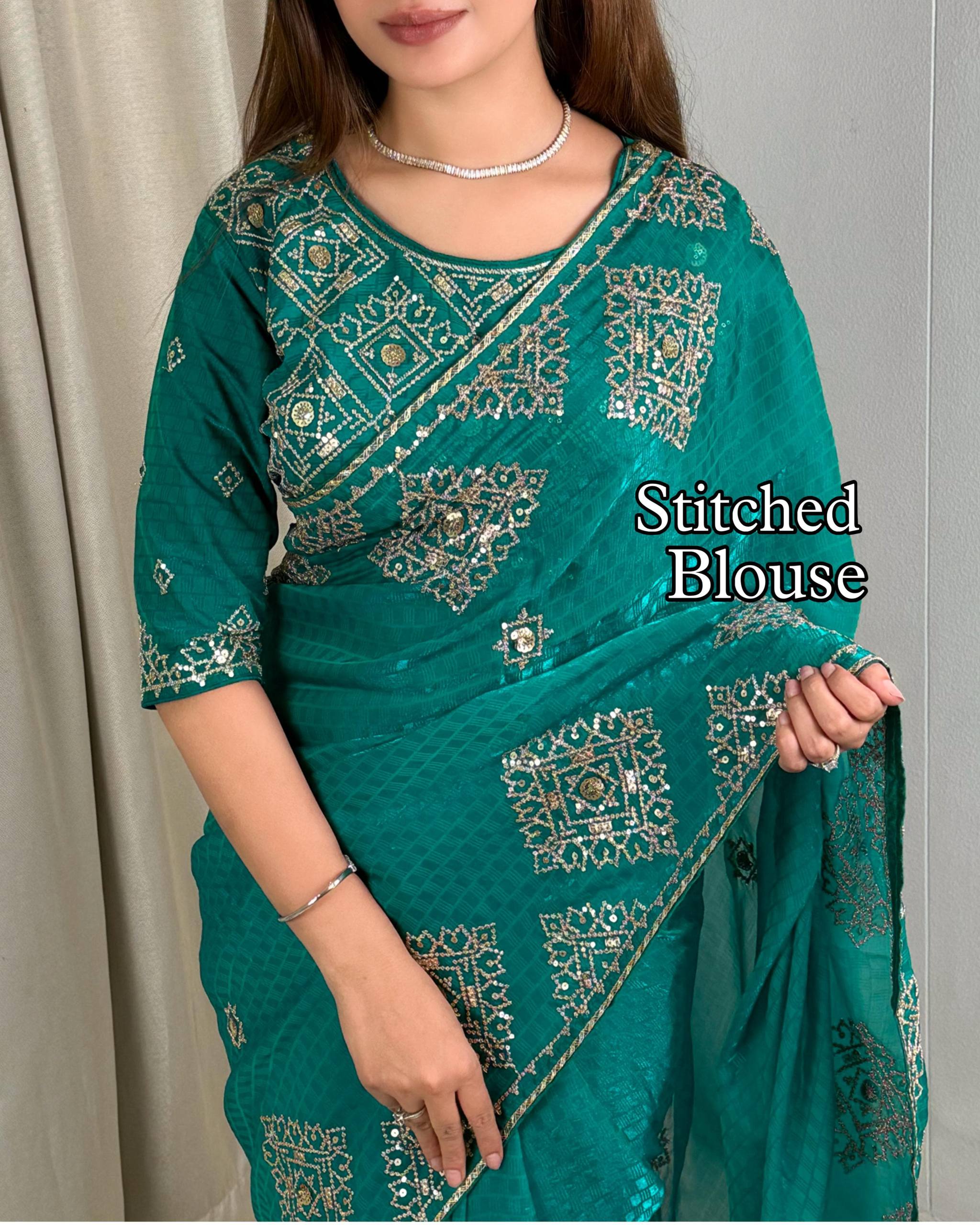 Teal Green Fendy Satin Self Jacquard Saree with Sequins Embroidery & Stitched Blouse