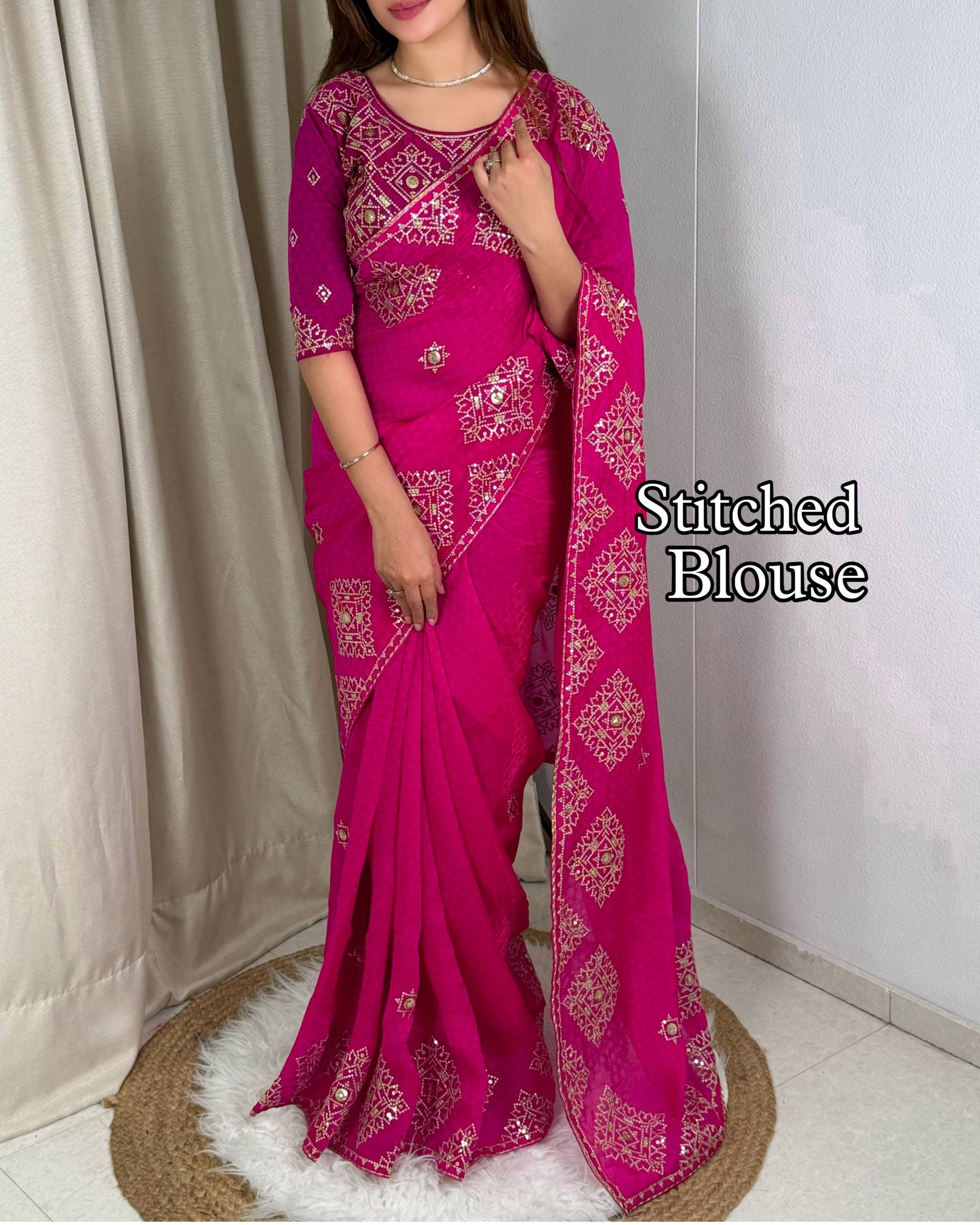 Rani Pink Fendy Satin Self Jacquard Saree with Sequins Embroidery & Stitched Blouse