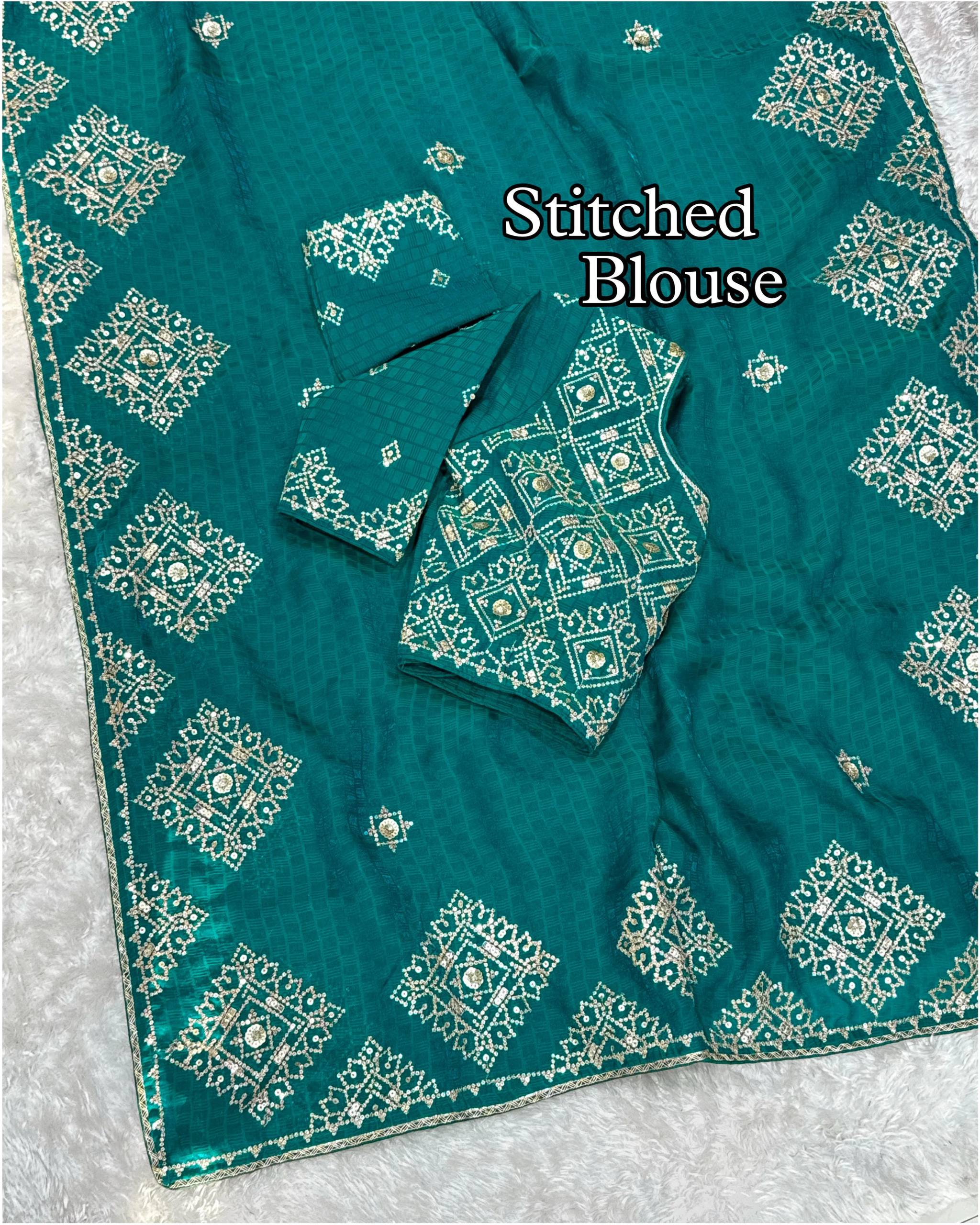 Teal Green Fendy Satin Self Jacquard Saree with Sequins Embroidery & Stitched Blouse