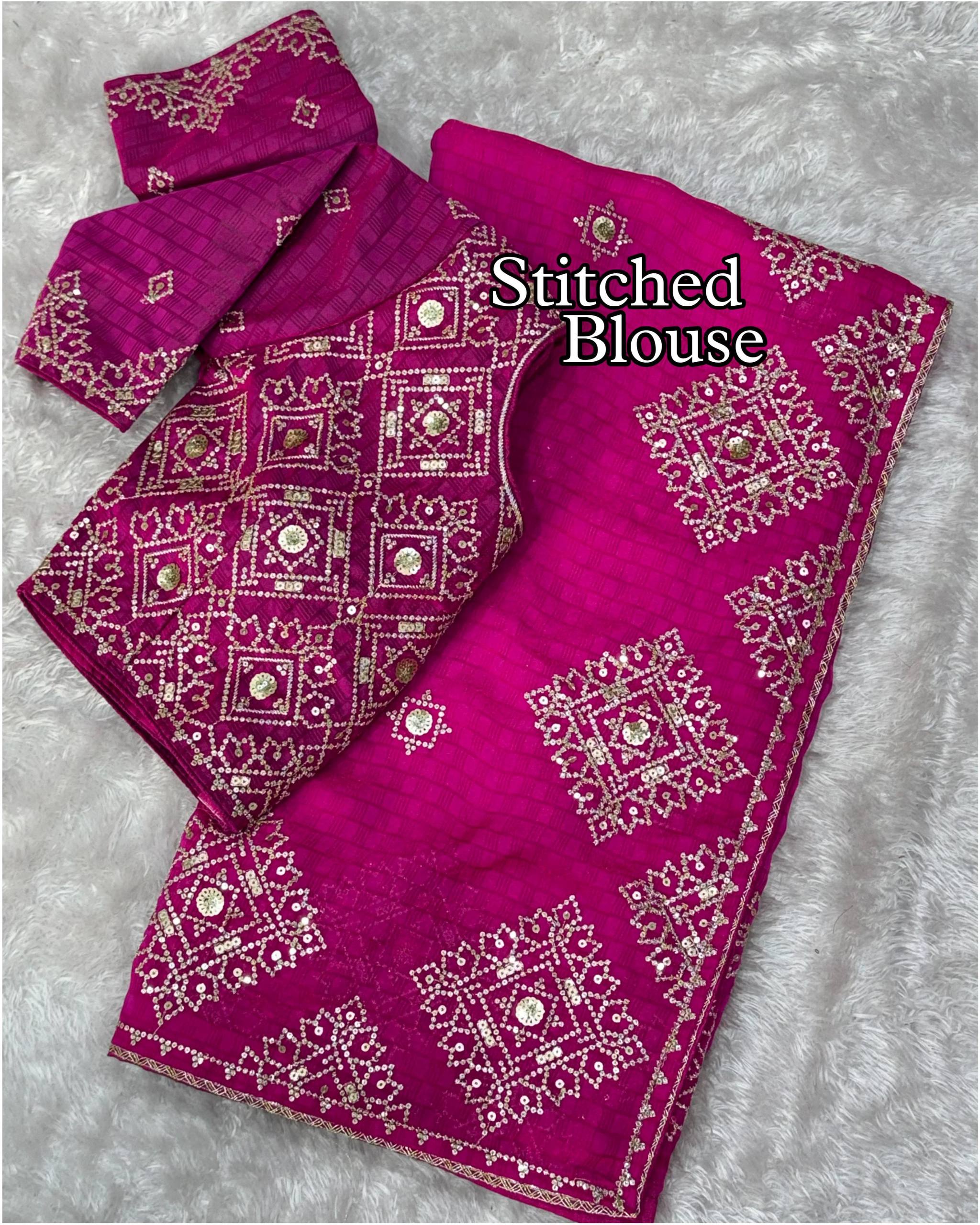 Rani Pink Fendy Satin Self Jacquard Saree with Sequins Embroidery & Stitched Blouse