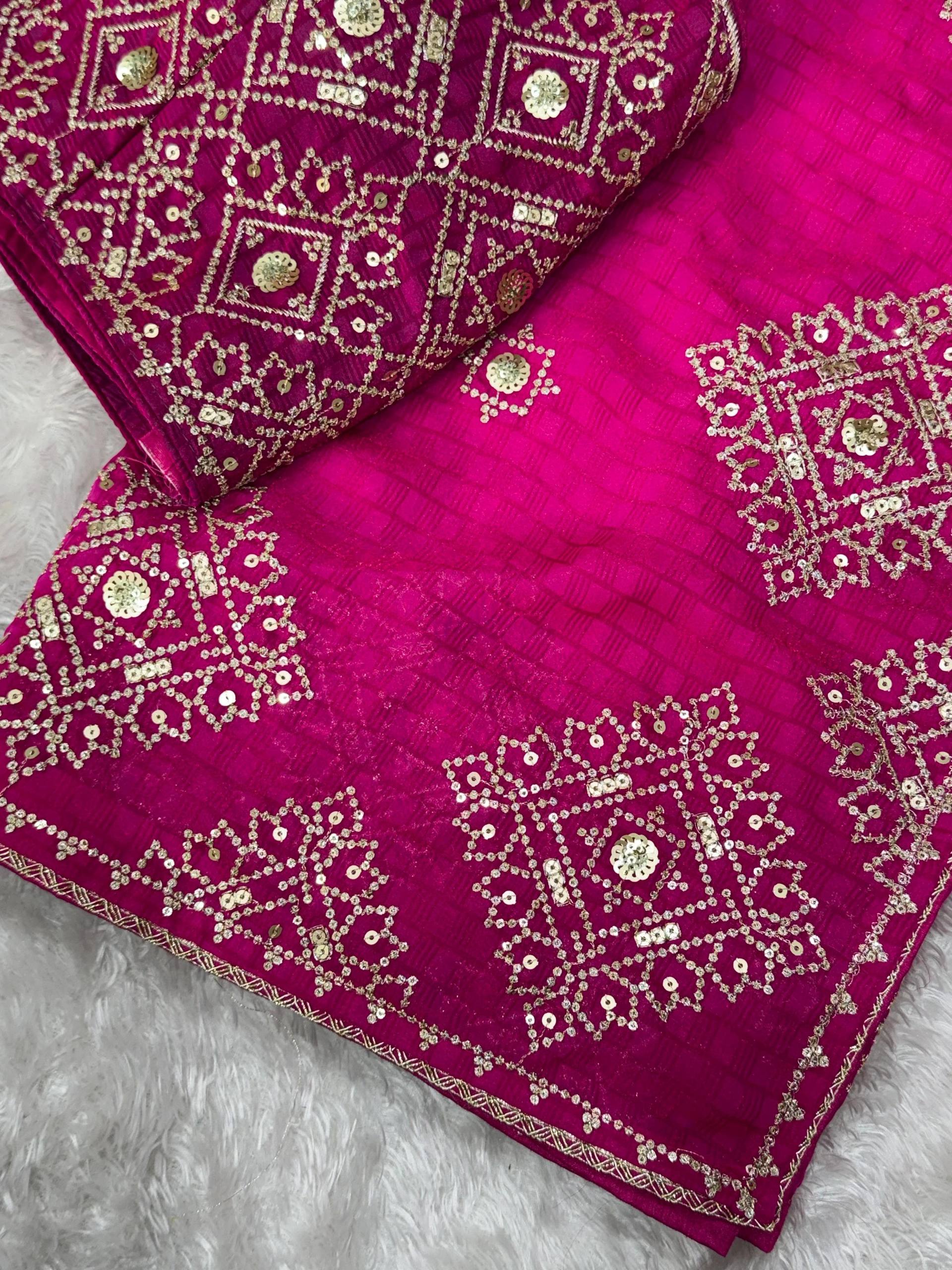 Rani Pink Fendy Satin Self Jacquard Saree with Sequins Embroidery & Stitched Blouse
