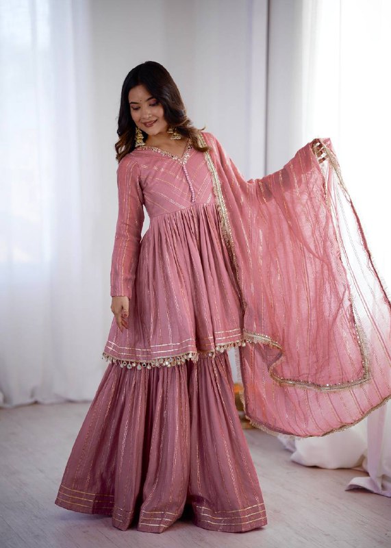 Babypink Mal Chanderi Sharara Set for Women with Mirror Handwork | Engagement, Wedding & Function Wear | Sizes M-38 to XXL-44