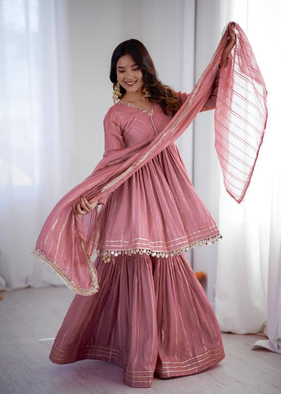Babypink Mal Chanderi Sharara Set for Women with Mirror Handwork | Engagement, Wedding & Function Wear | Sizes M-38 to XXL-44