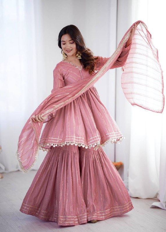Babypink Mal Chanderi Sharara Set for Women with Mirror Handwork | Engagement, Wedding & Function Wear | Sizes M-38 to XXL-44