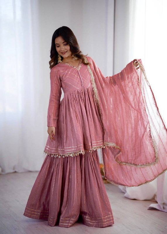Babypink Mal Chanderi Sharara Set for Women with Mirror Handwork | Engagement, Wedding & Function Wear | Sizes M-38 to XXL-44
