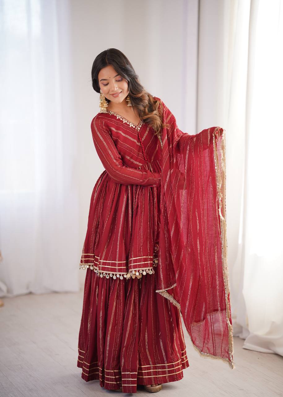 Maroon Mal Chanderi Sharara Set for Women with Mirror Handwork | Engagement, Wedding & Function Wear | Sizes M-38 to XXL-44