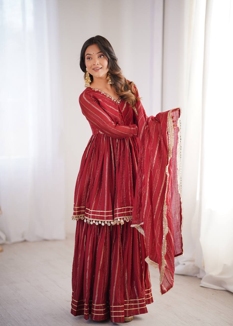 Maroon Mal Chanderi Sharara Set for Women with Mirror Handwork | Engagement, Wedding & Function Wear | Sizes M-38 to XXL-44