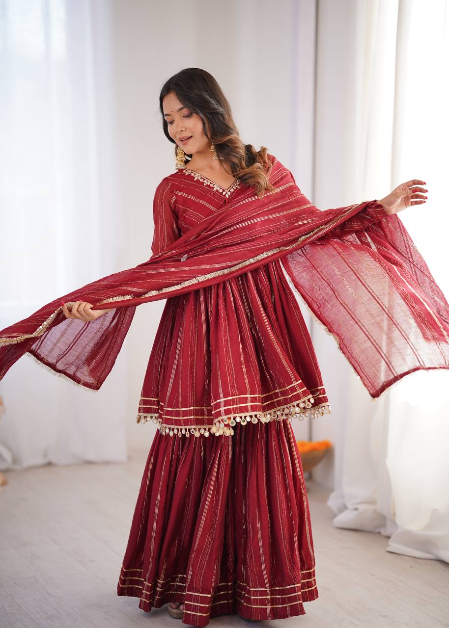 Maroon Mal Chanderi Sharara Set for Women with Mirror Handwork | Engagement, Wedding & Function Wear | Sizes M-38 to XXL-44