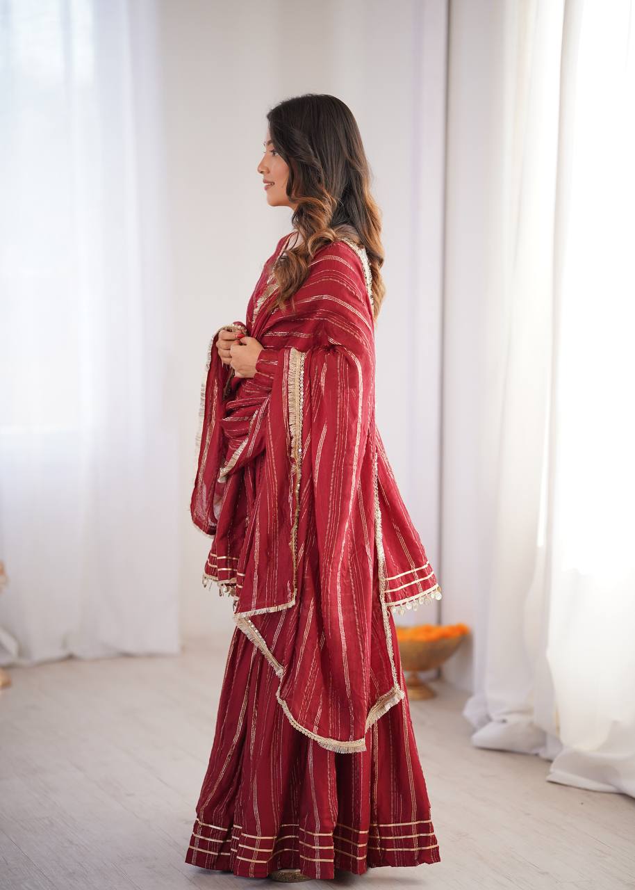 Maroon Mal Chanderi Sharara Set for Women with Mirror Handwork | Engagement, Wedding & Function Wear | Sizes M-38 to XXL-44