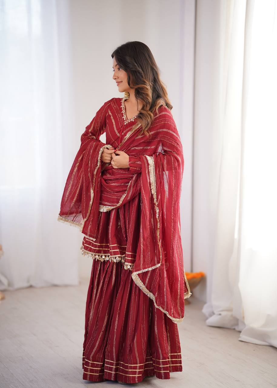 Maroon Mal Chanderi Sharara Set for Women with Mirror Handwork | Engagement, Wedding & Function Wear | Sizes M-38 to XXL-44