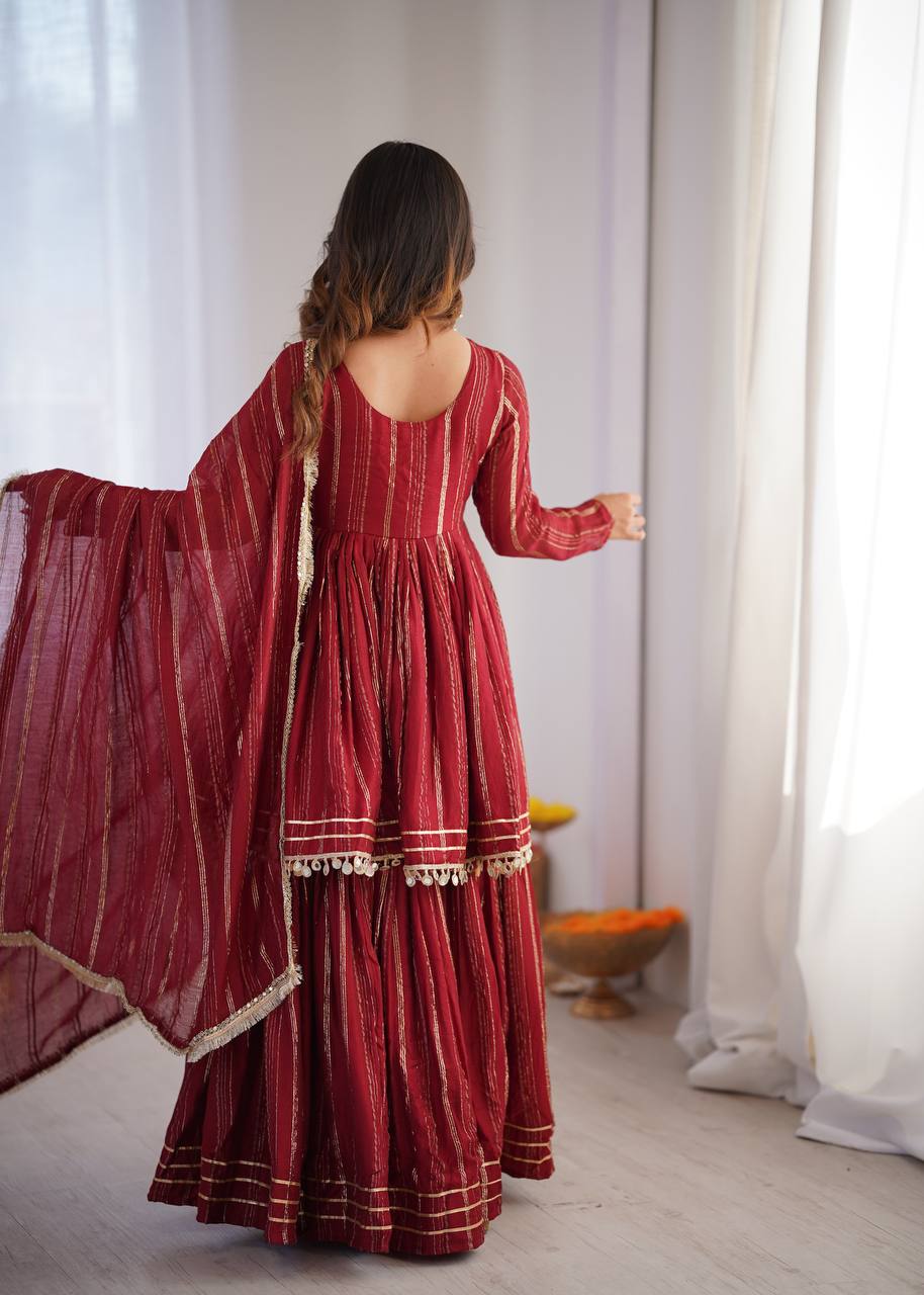 Maroon Mal Chanderi Sharara Set for Women with Mirror Handwork | Engagement, Wedding & Function Wear | Sizes M-38 to XXL-44