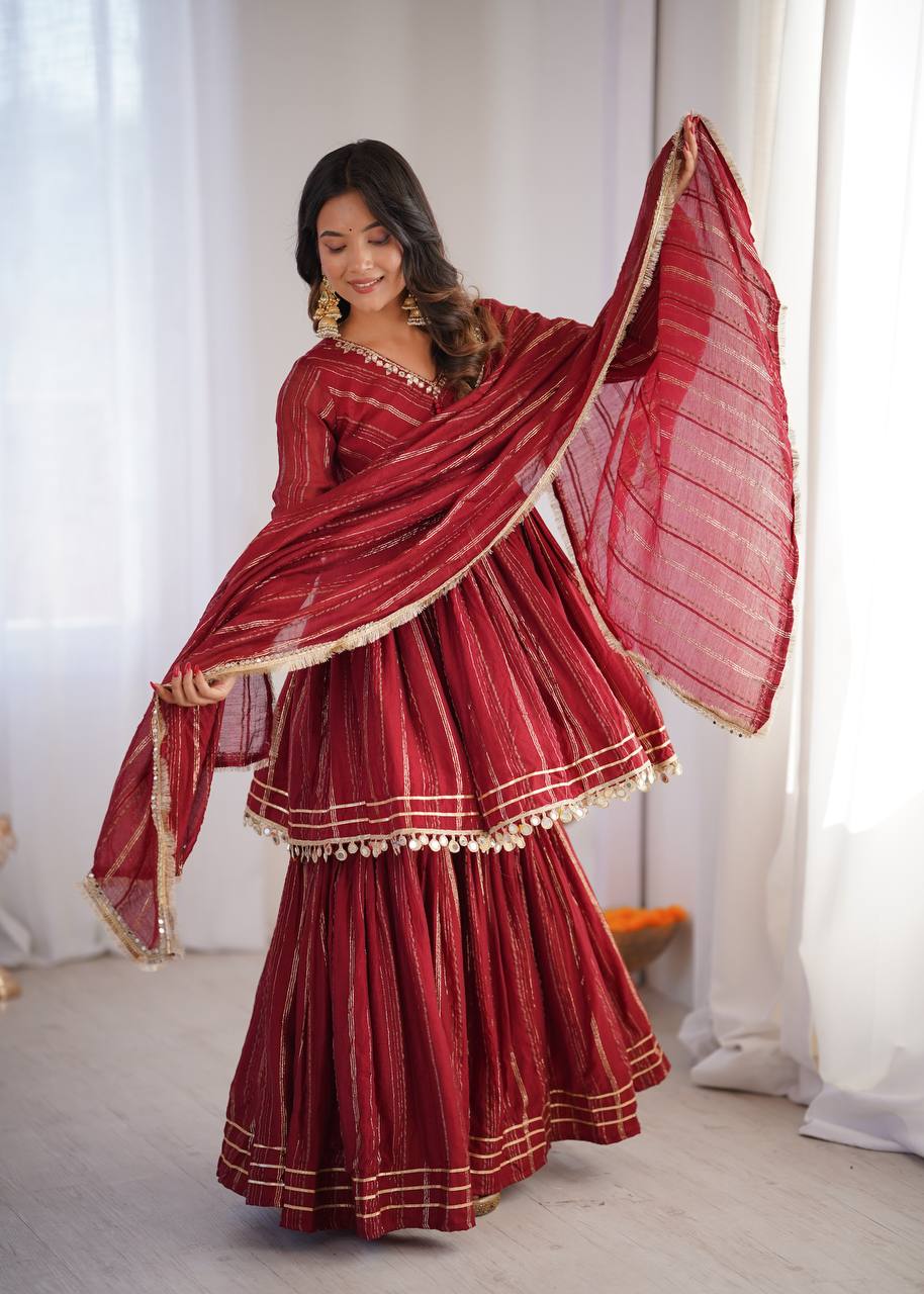 Maroon Mal Chanderi Sharara Set for Women with Mirror Handwork | Engagement, Wedding & Function Wear | Sizes M-38 to XXL-44