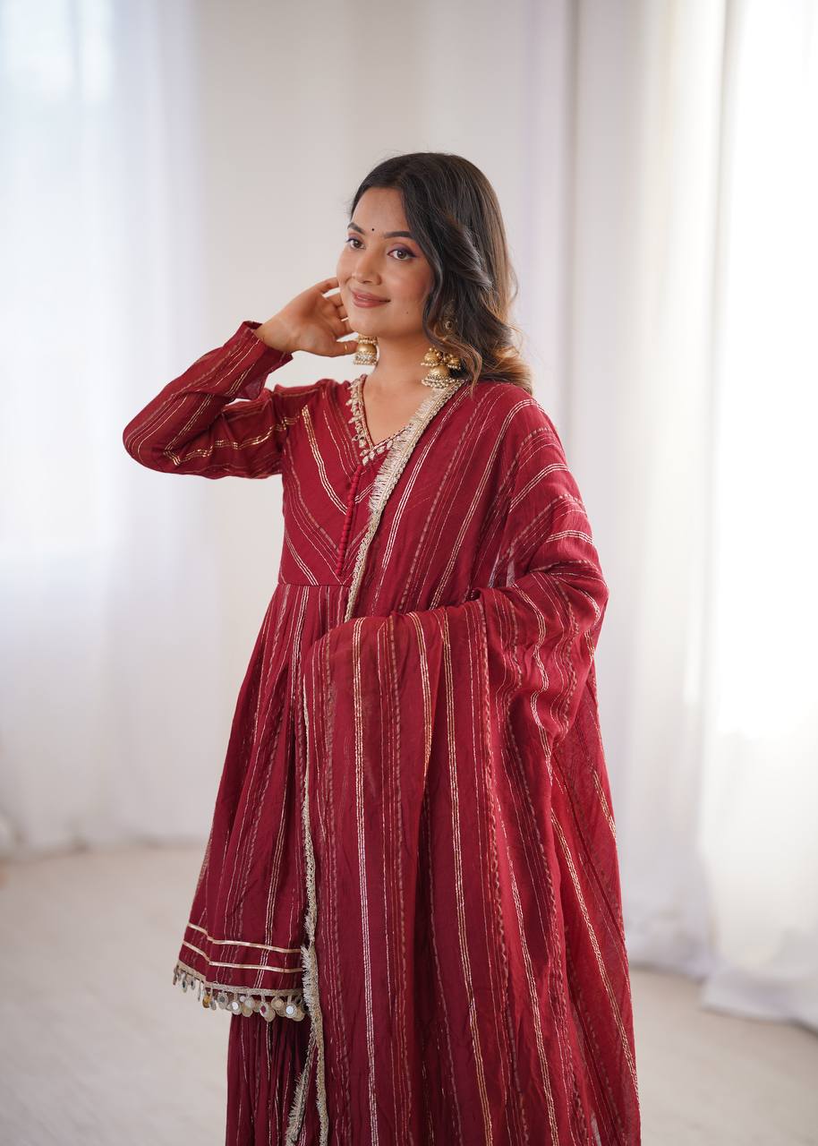 Maroon Mal Chanderi Sharara Set for Women with Mirror Handwork | Engagement, Wedding & Function Wear | Sizes M-38 to XXL-44