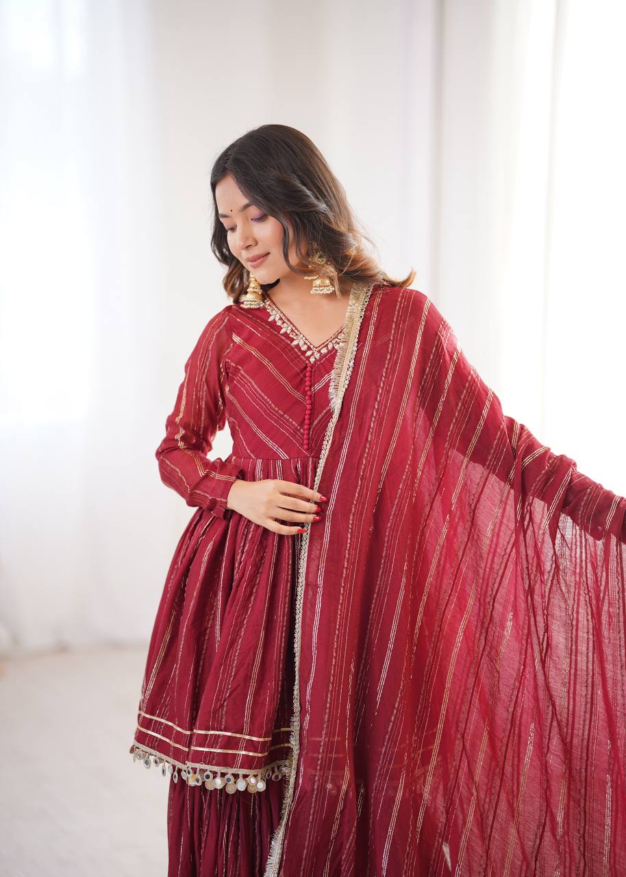 Maroon Mal Chanderi Sharara Set for Women with Mirror Handwork | Engagement, Wedding & Function Wear | Sizes M-38 to XXL-44