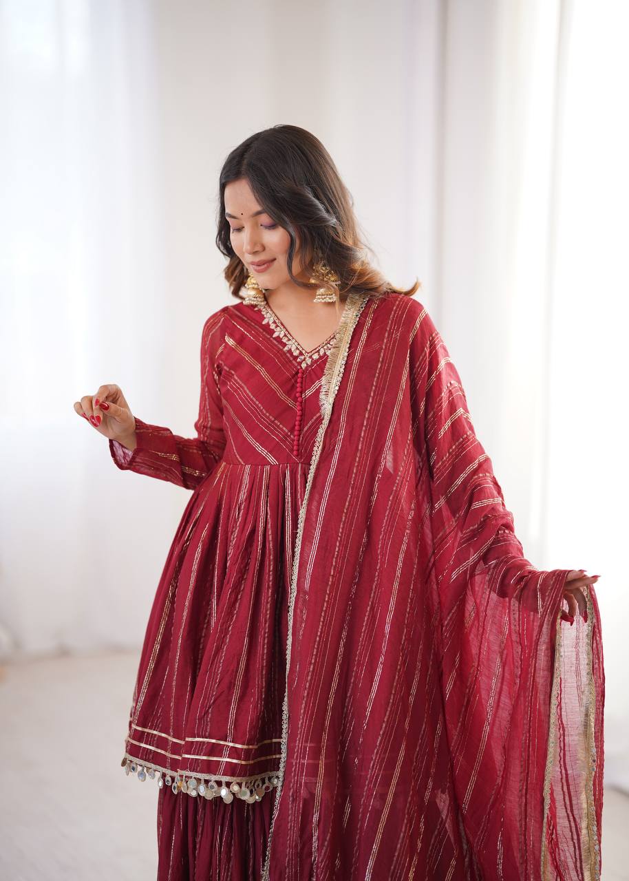Maroon Mal Chanderi Sharara Set for Women with Mirror Handwork | Engagement, Wedding & Function Wear | Sizes M-38 to XXL-44