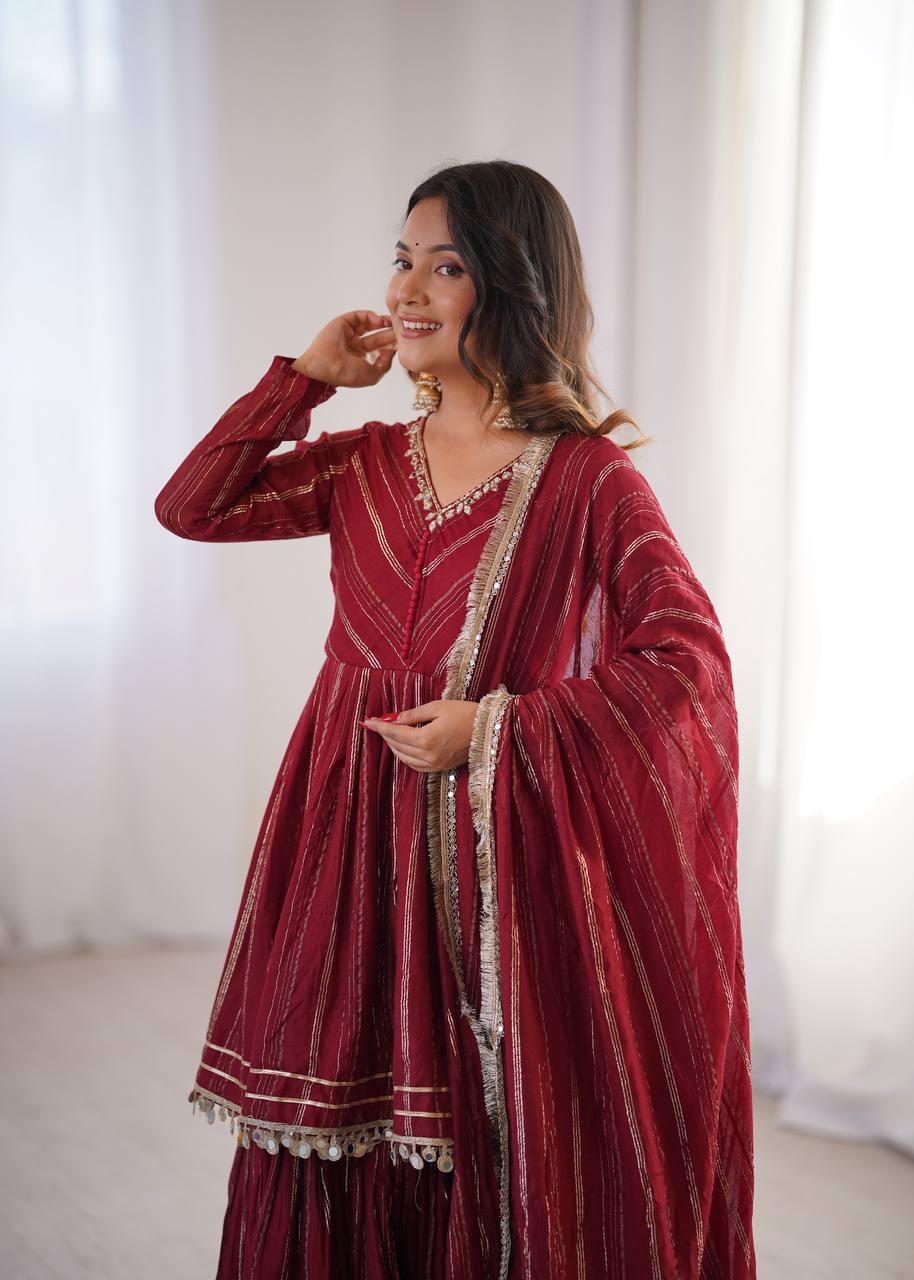 Maroon Mal Chanderi Sharara Set for Women with Mirror Handwork | Engagement, Wedding & Function Wear | Sizes M-38 to XXL-44