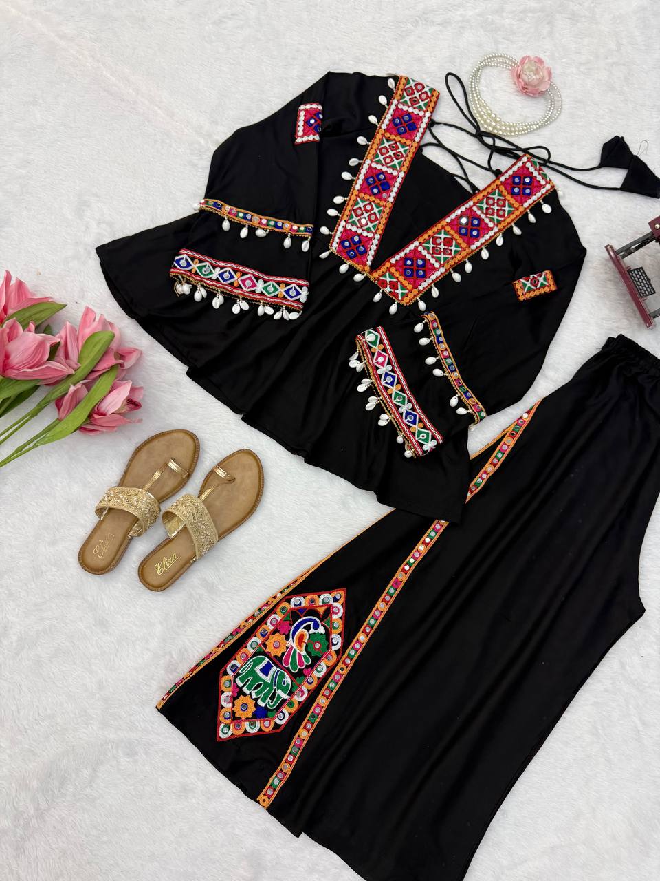Black Heavy Reyon Silk Embroidered Peplum Top With Plazo Set