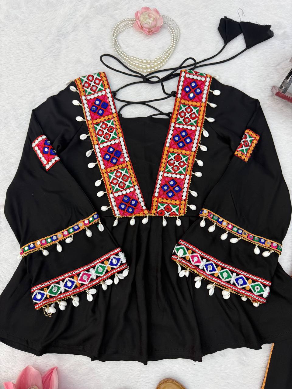 Black Heavy Reyon Silk Embroidered Peplum Top With Plazo Set