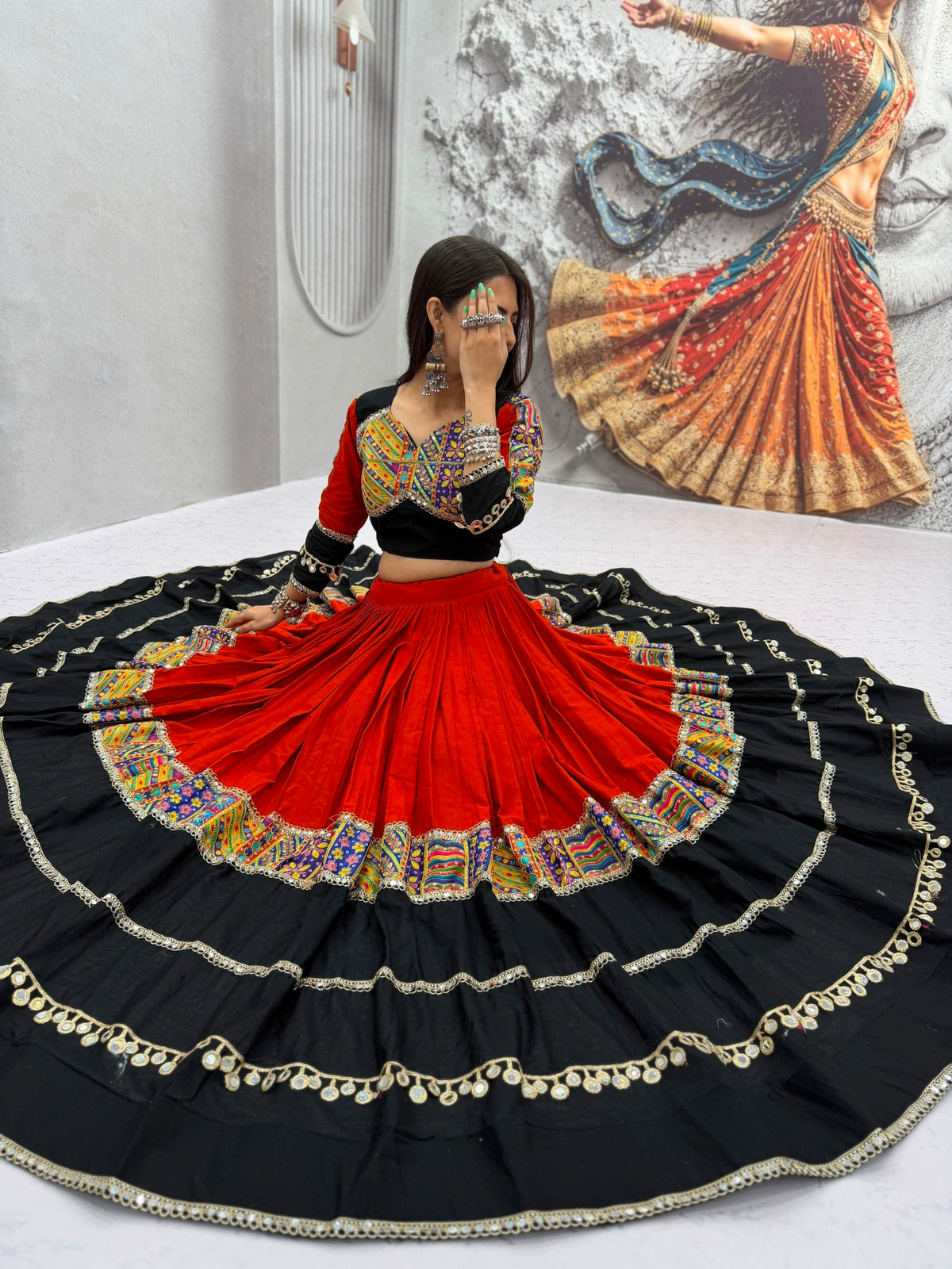 Black & Red Pure Cotton Navratri Lehenga Choli with Mirror Work – 6 Meter Flair