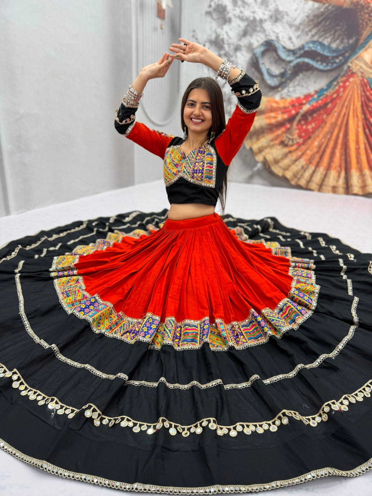 Black & Red Pure Cotton Navratri Lehenga Choli with Mirror Work – 6 Meter Flair