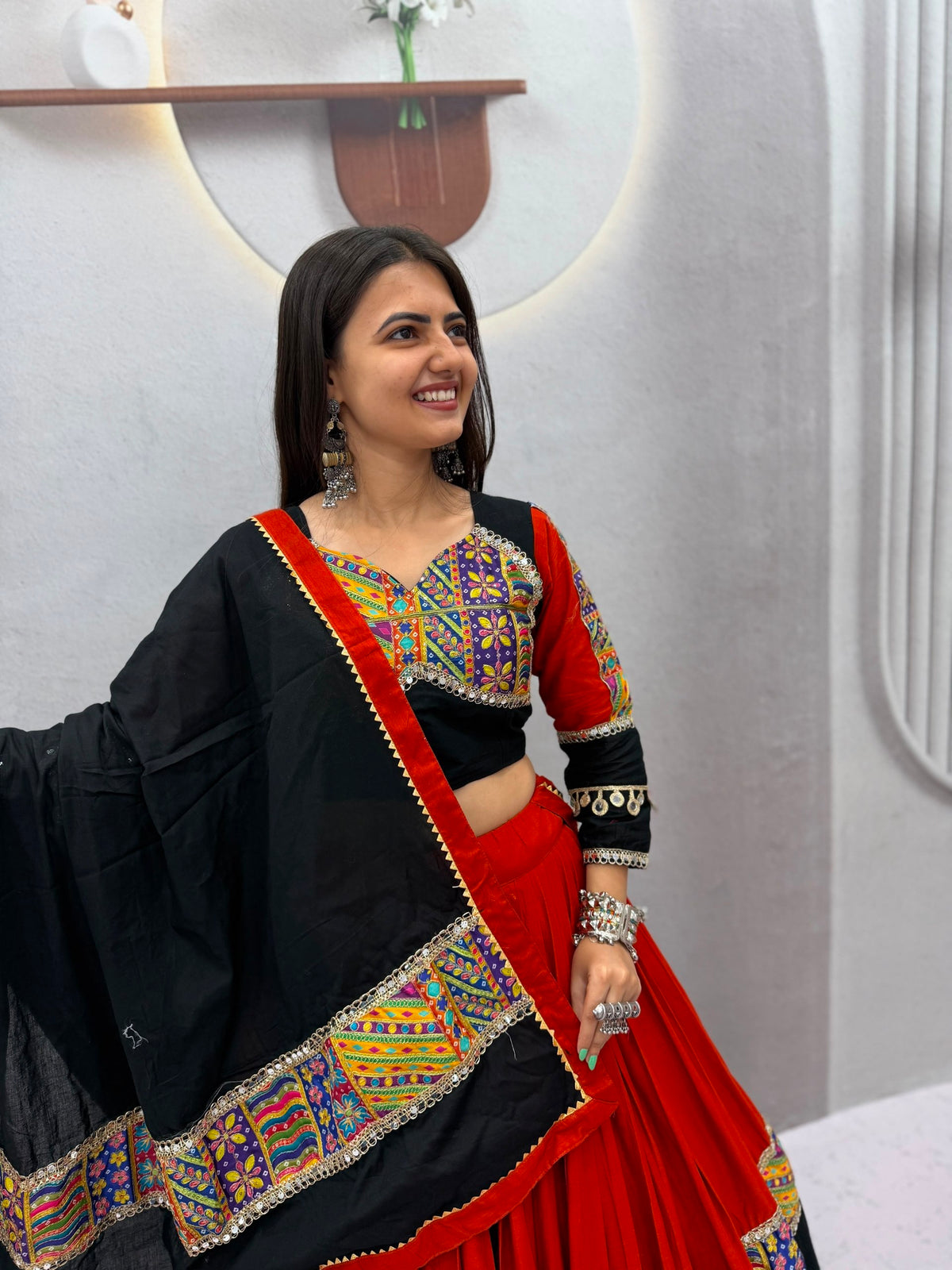 Black & Red Pure Cotton Navratri Lehenga Choli with Mirror Work – 6 Meter Flair